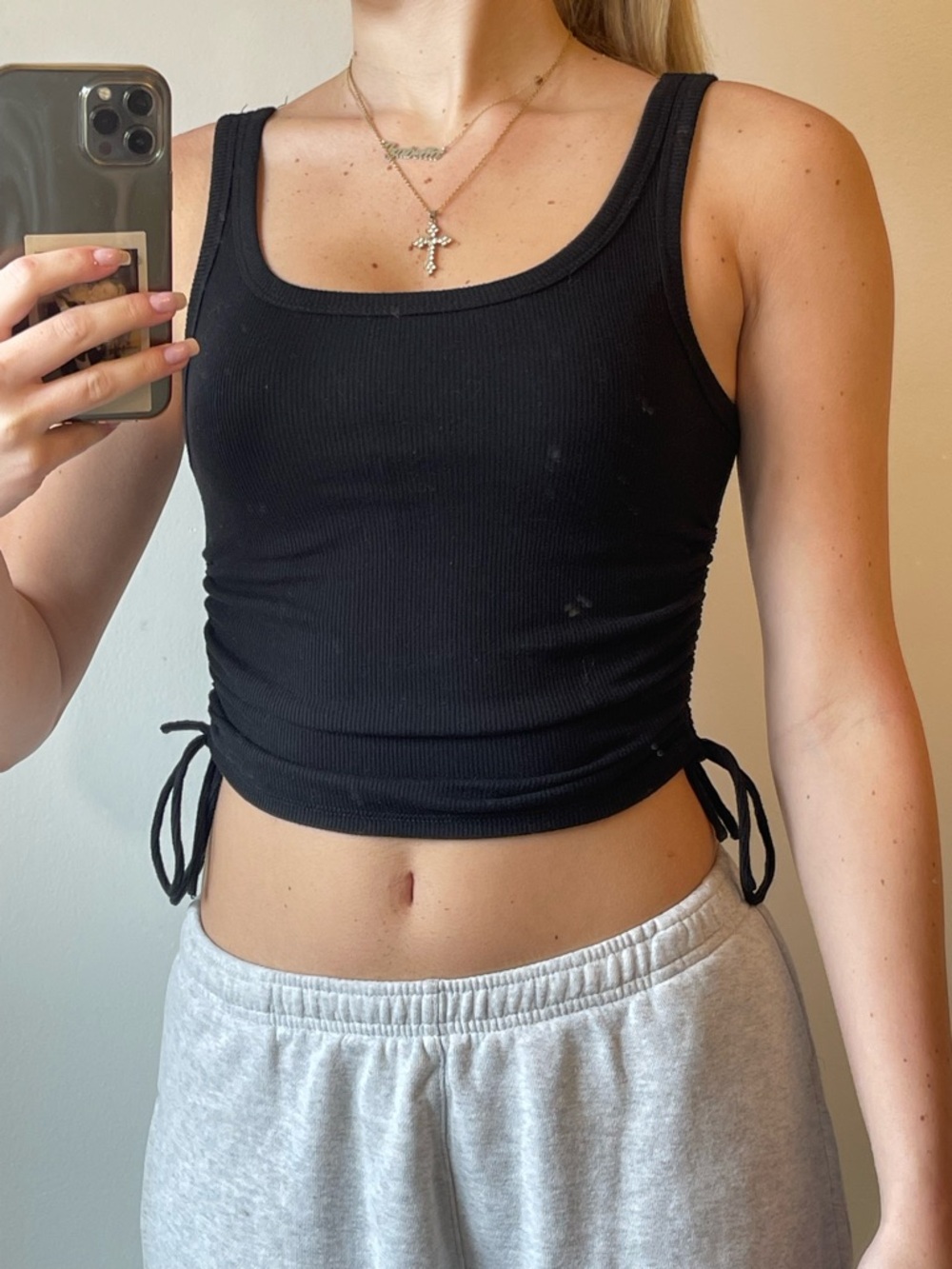 Black Ribbed Tank Top with Side Drawstrings